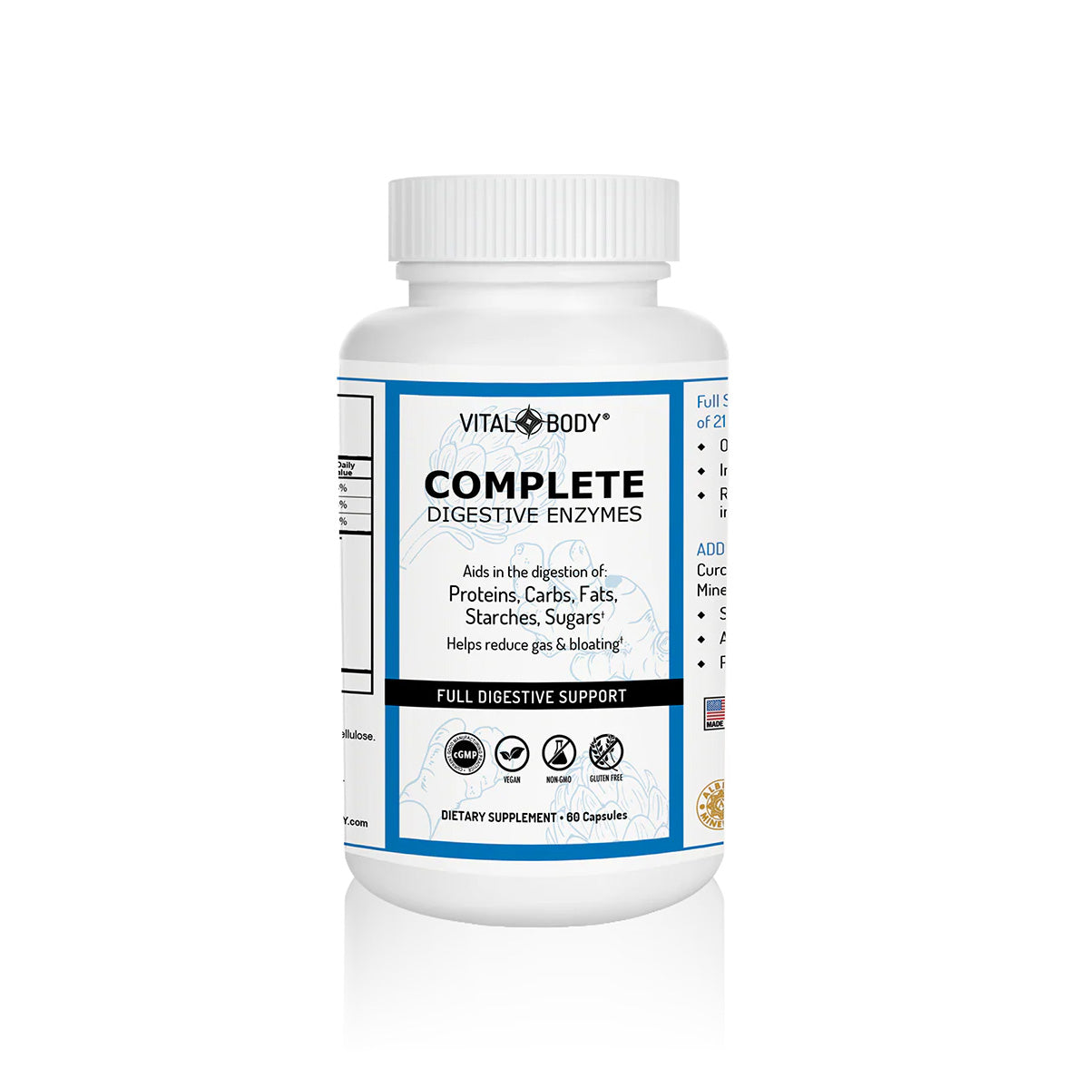 Bottle of Vital Body Complete Digestive Enzymes on a white background