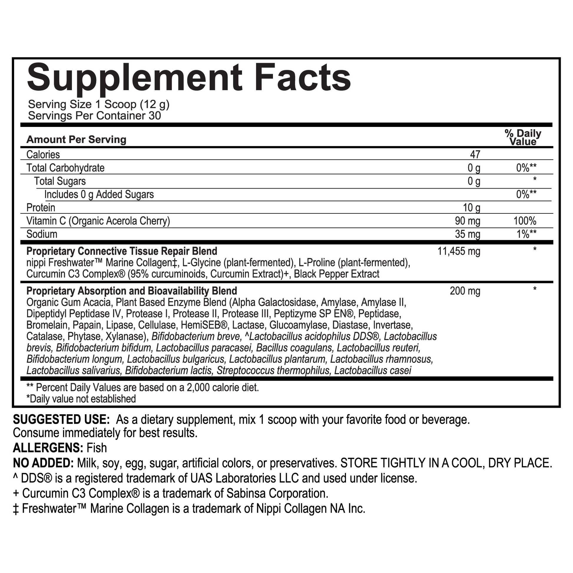 Supplement facts label with detailed nutritional information on a white background
