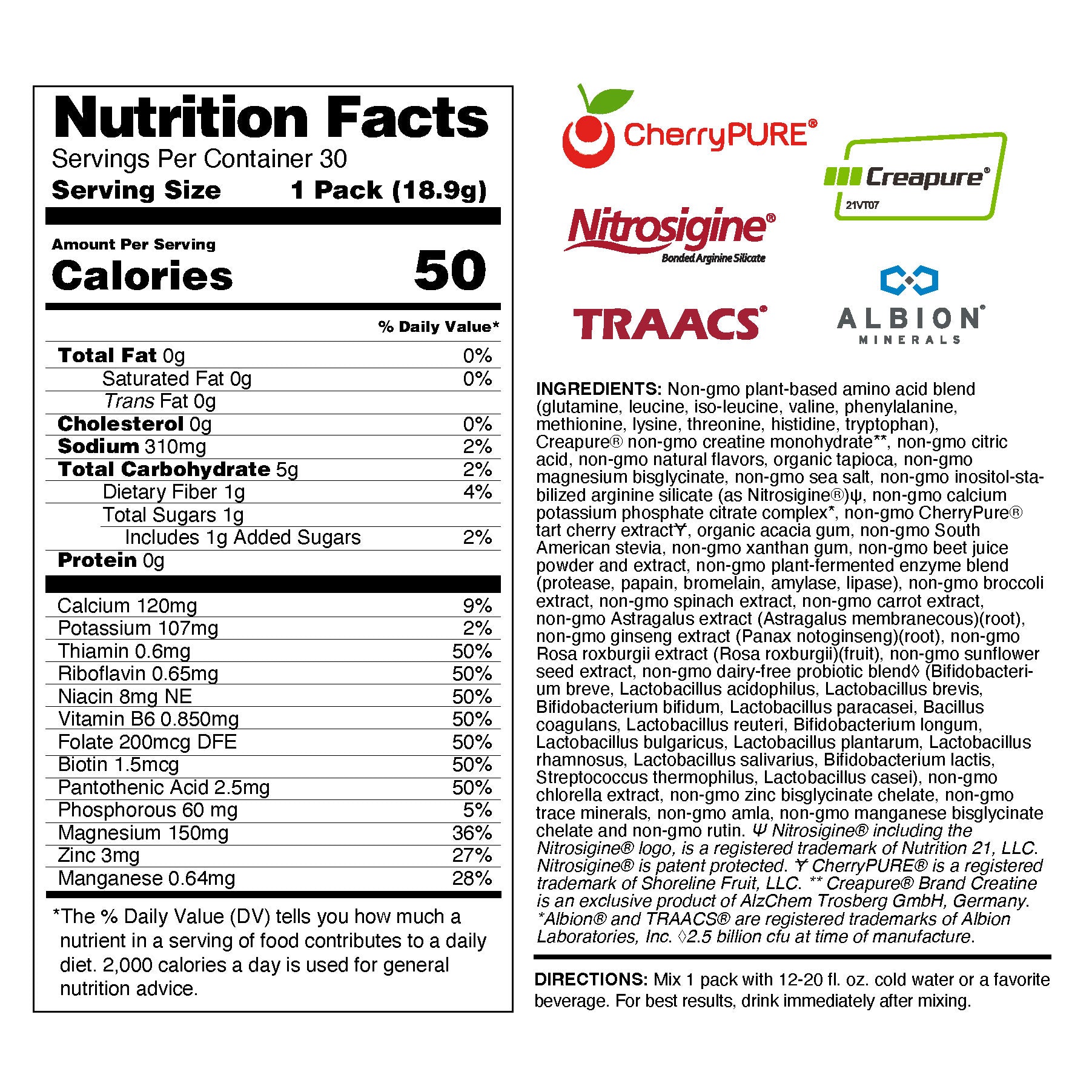 Nutrition facts label with brand logos for CherryPURE, Nitrosigine, Creapure, Albion Minerals, and TRAACS on a white background.