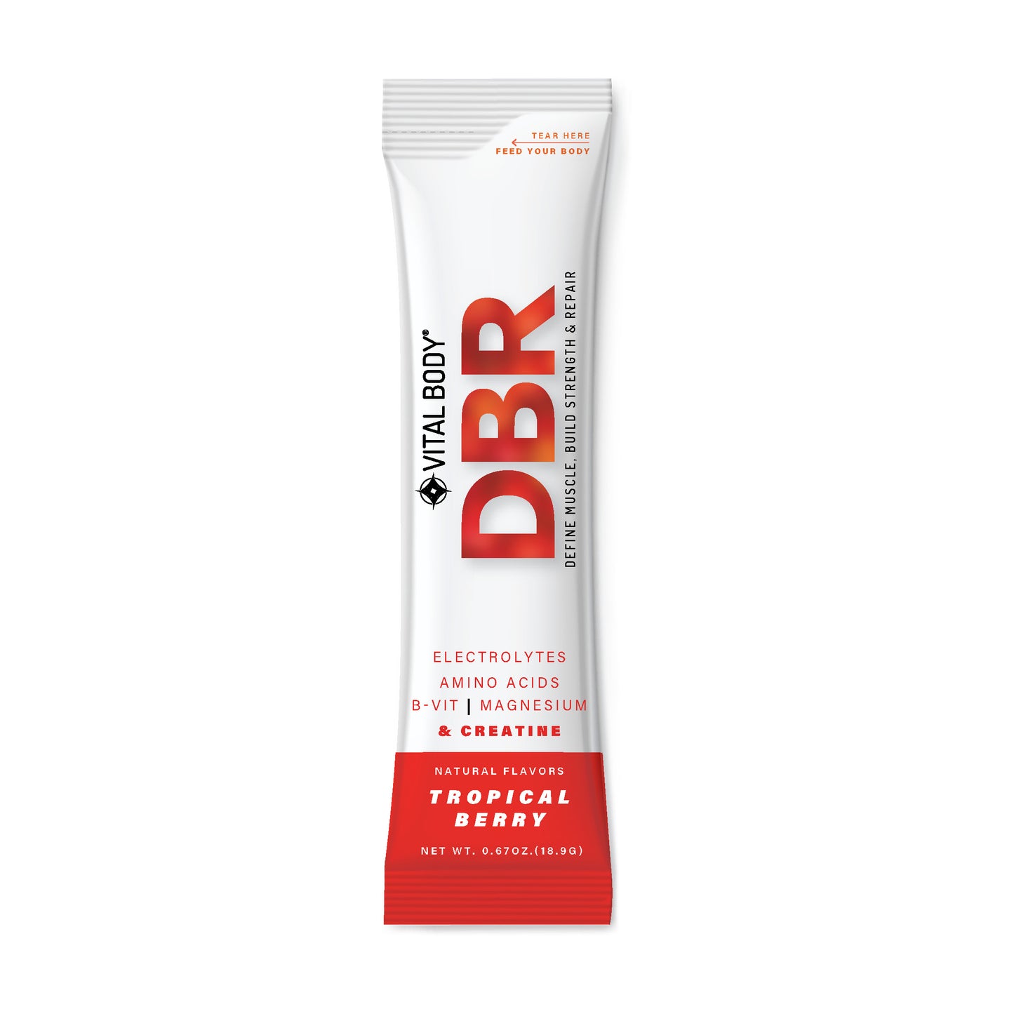 Vital Body DBR supplement packet for tropical berry flavor on a white background