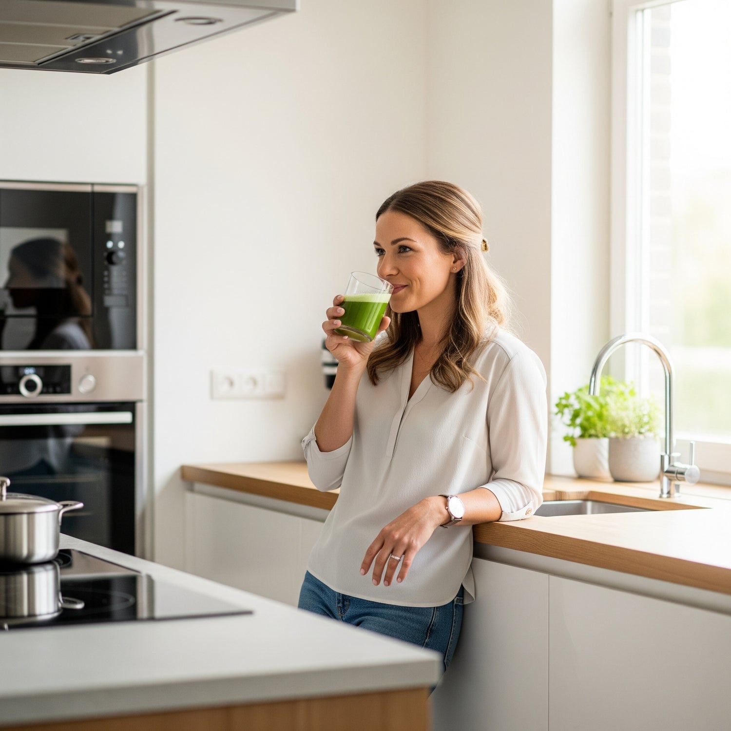 Woman drinking green juice in a modern kitchen