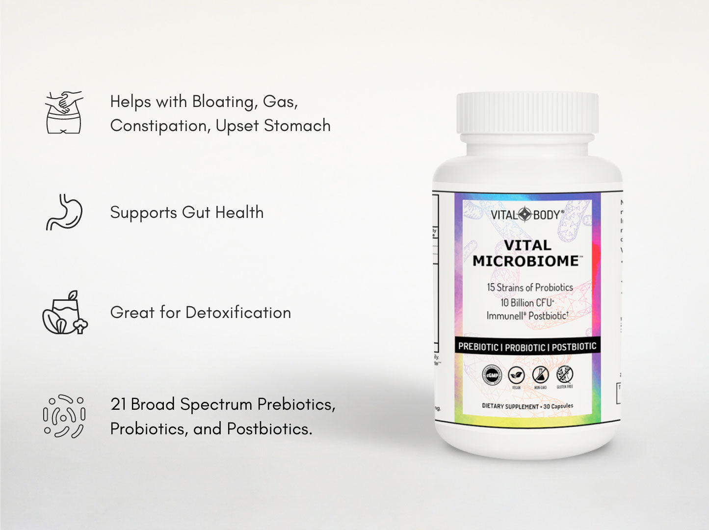 VITAL MICROBIOME - DETOX, HEALTHY GUT & IMMUNITY BOOSTER - MICROBIOME CAPSULES - 30 Servings