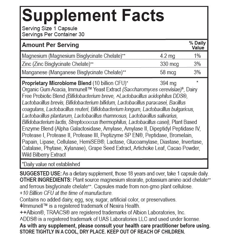 Supplement facts label with detailed nutritional information on a white background