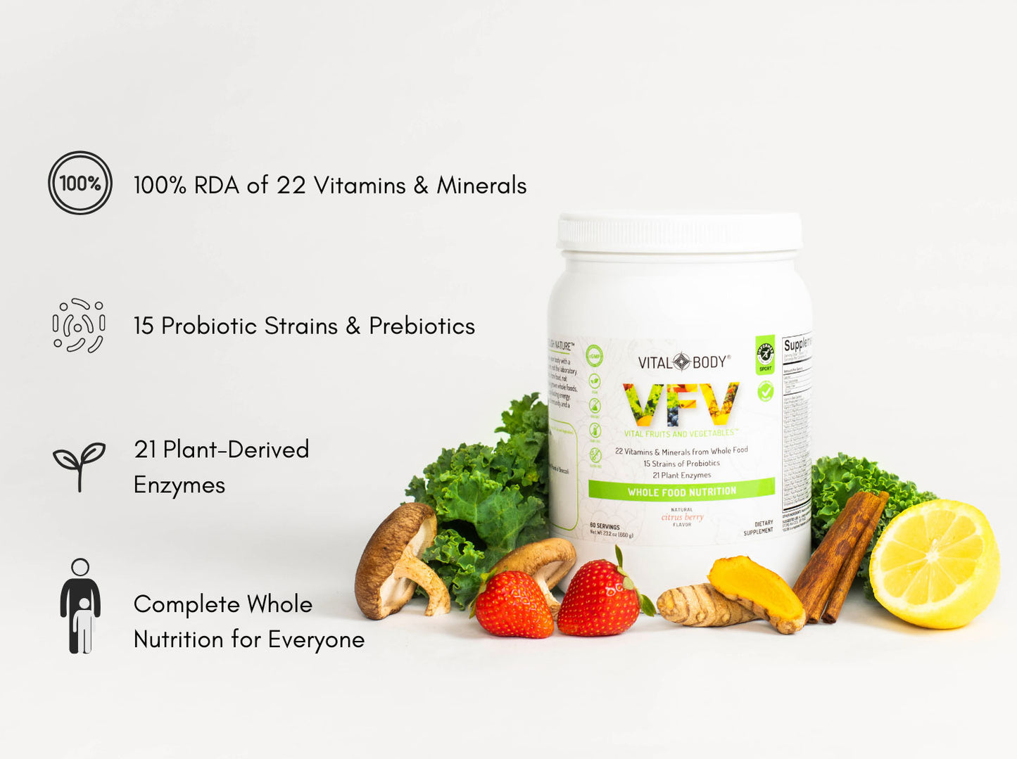 VFV (Vital Fruits & Vegetables) - COMPLETE DAILY GREENS PRE & PROBIOTICS SUPERFOOD POWDER - 60 SERVINGS