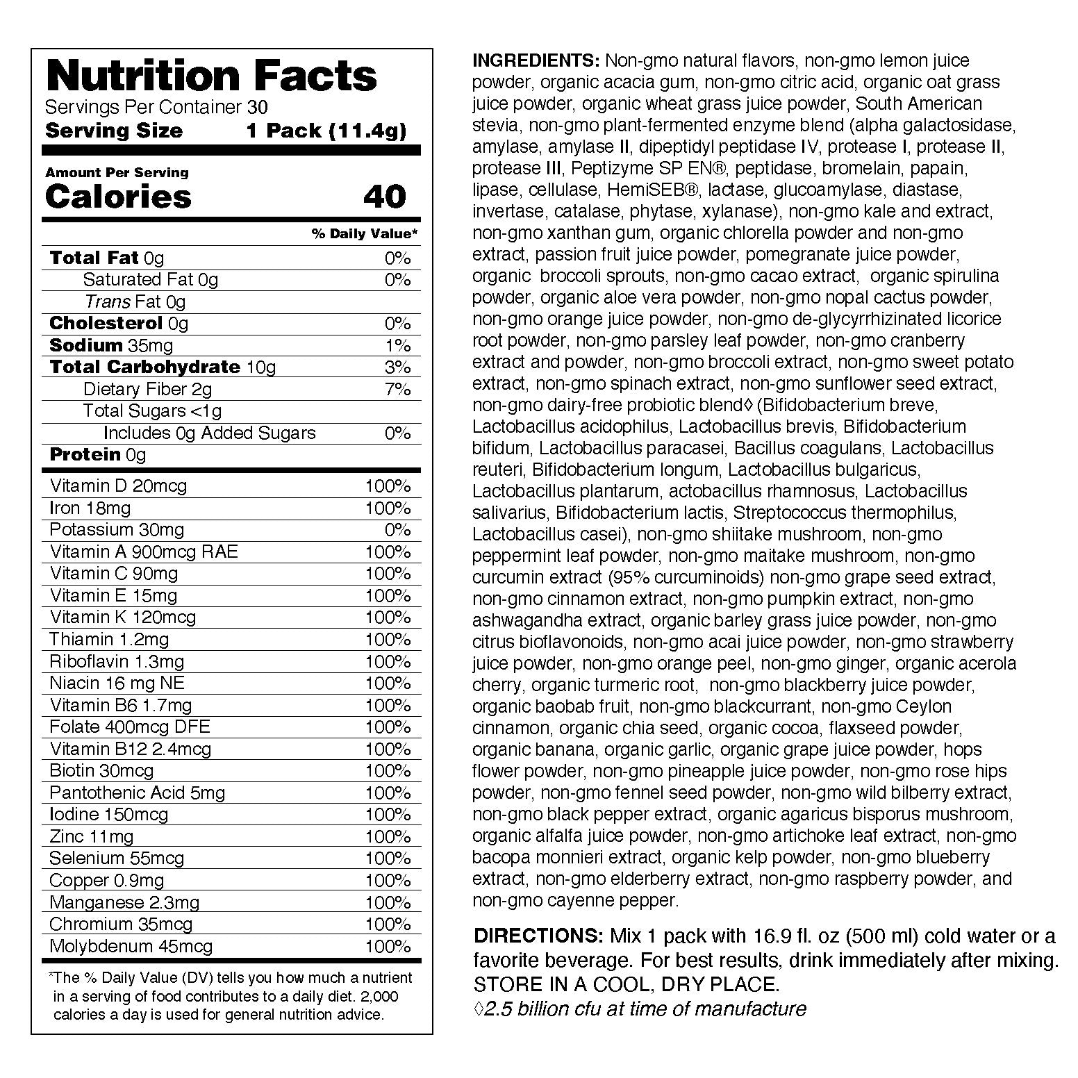 Nutrition facts label and ingredients list for a health supplement pack.