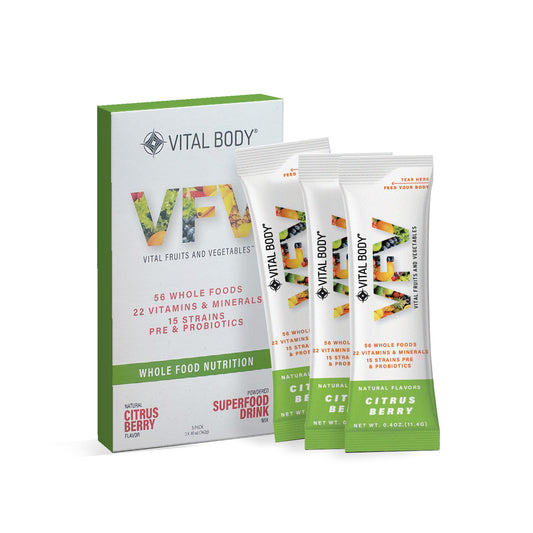 Vital Body superfood drink packages on a white background