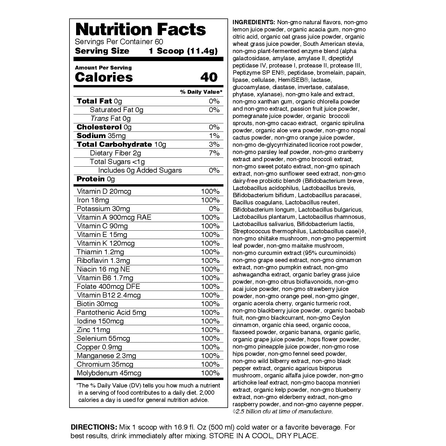 Nutrition facts label for a supplement with detailed ingredient list on a white background