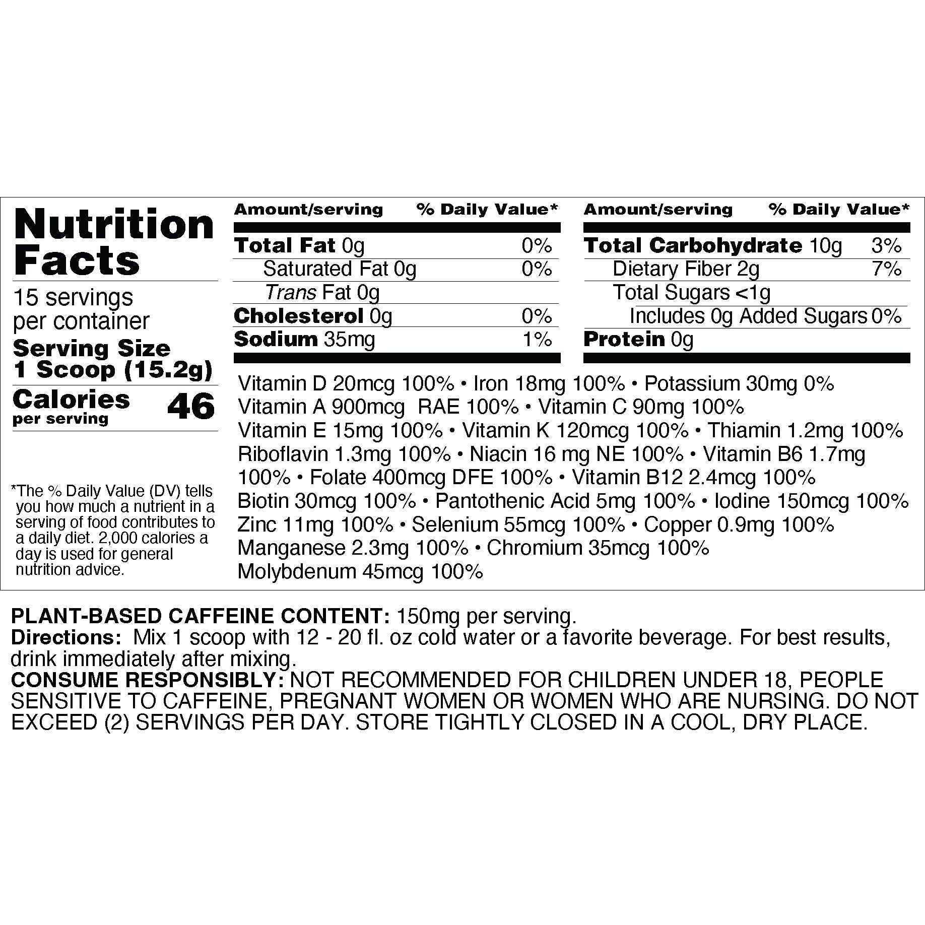 Nutrition facts label for a supplement with detailed ingredient list and directions.