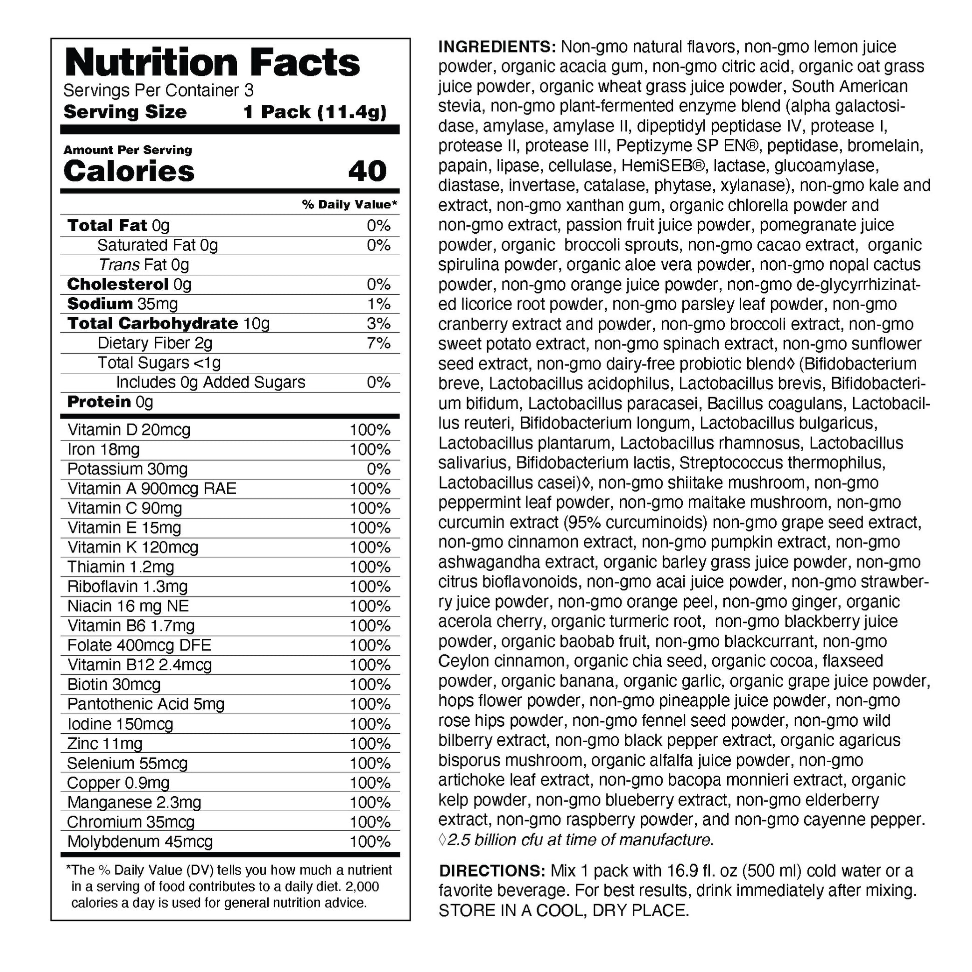 Nutrition facts label and ingredients list for a dietary supplement.