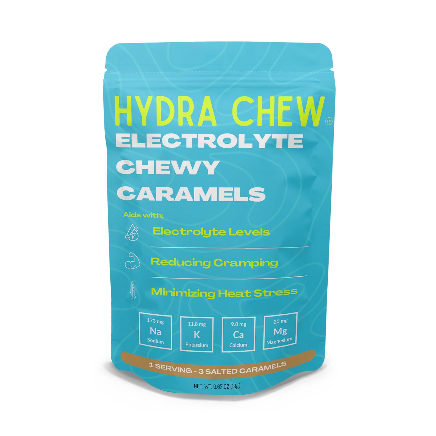 Hydra Chew Electrolyte Chewy Caramels packaging on a white background