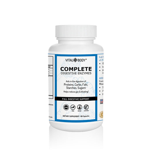 Bottle of Vital Body Complete Digestive Enzymes on a white background