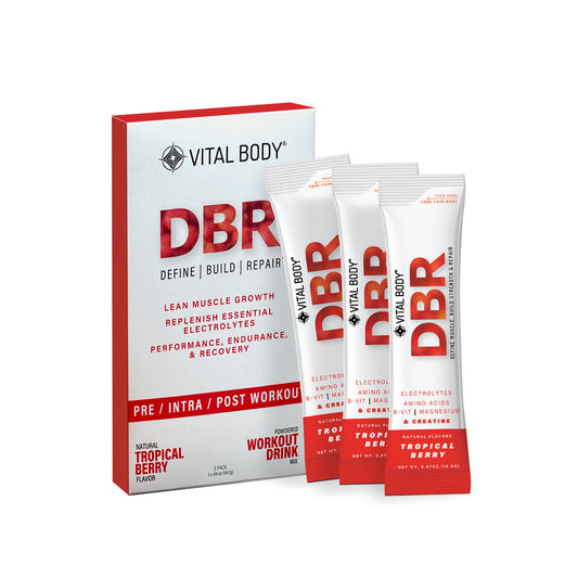Vital Body DBR pre-intra-post workout drink package on a white background